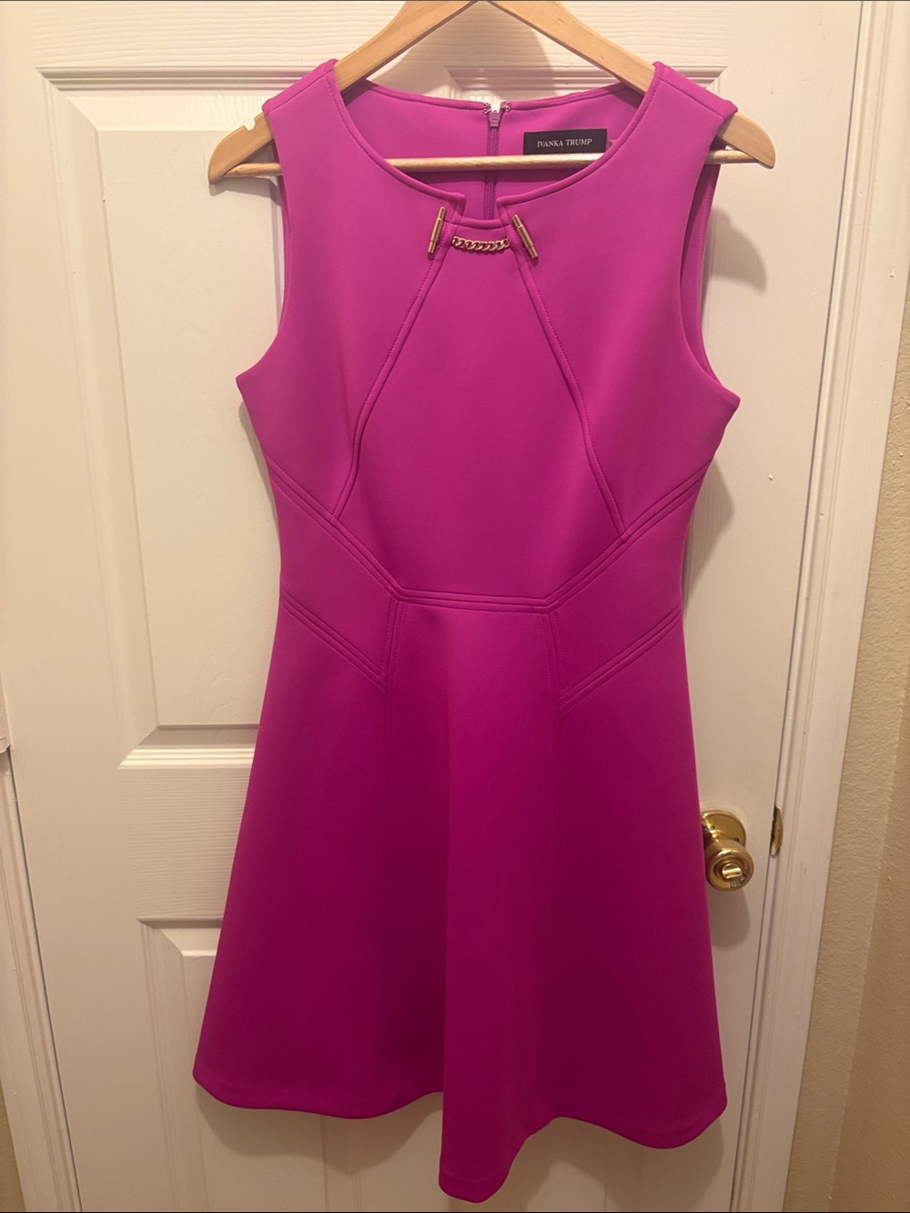 Ivanka Trump Pinko Fuchsia Sleeveless A-Line Mini Dress with Gold Accent A176
